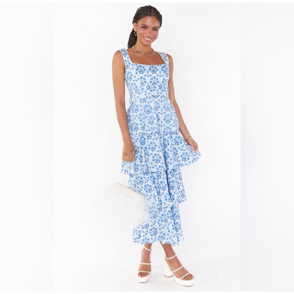 Show Me Your Mumu Meg Midi Dress Teagan White Blue Poplin Floral Women’s Small